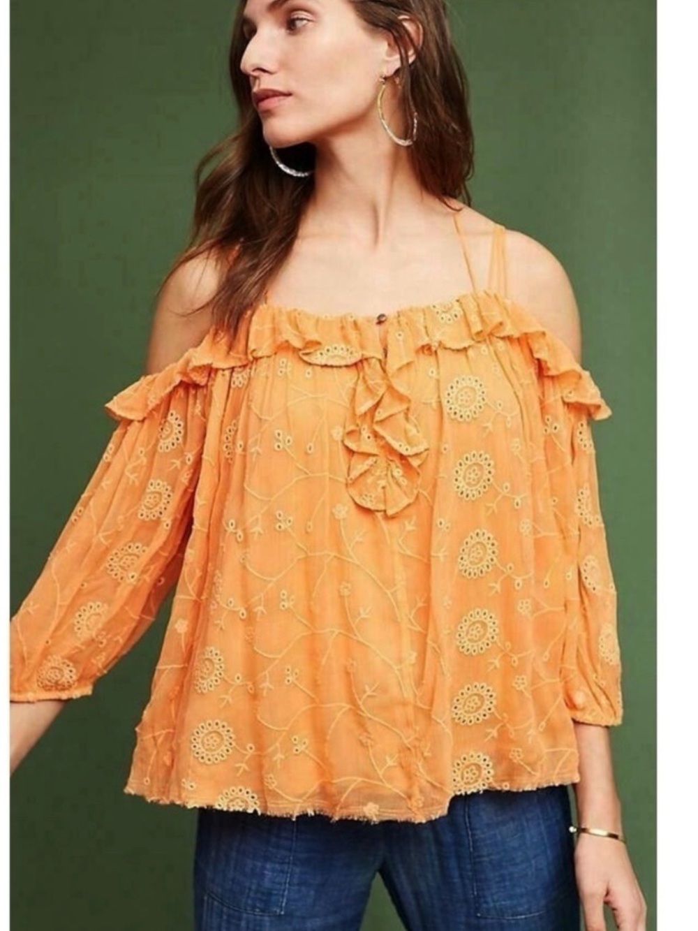 Anthropologie Floreat Eyelet Tangerine Orange Off Shoulder Ruffle Blouse Small